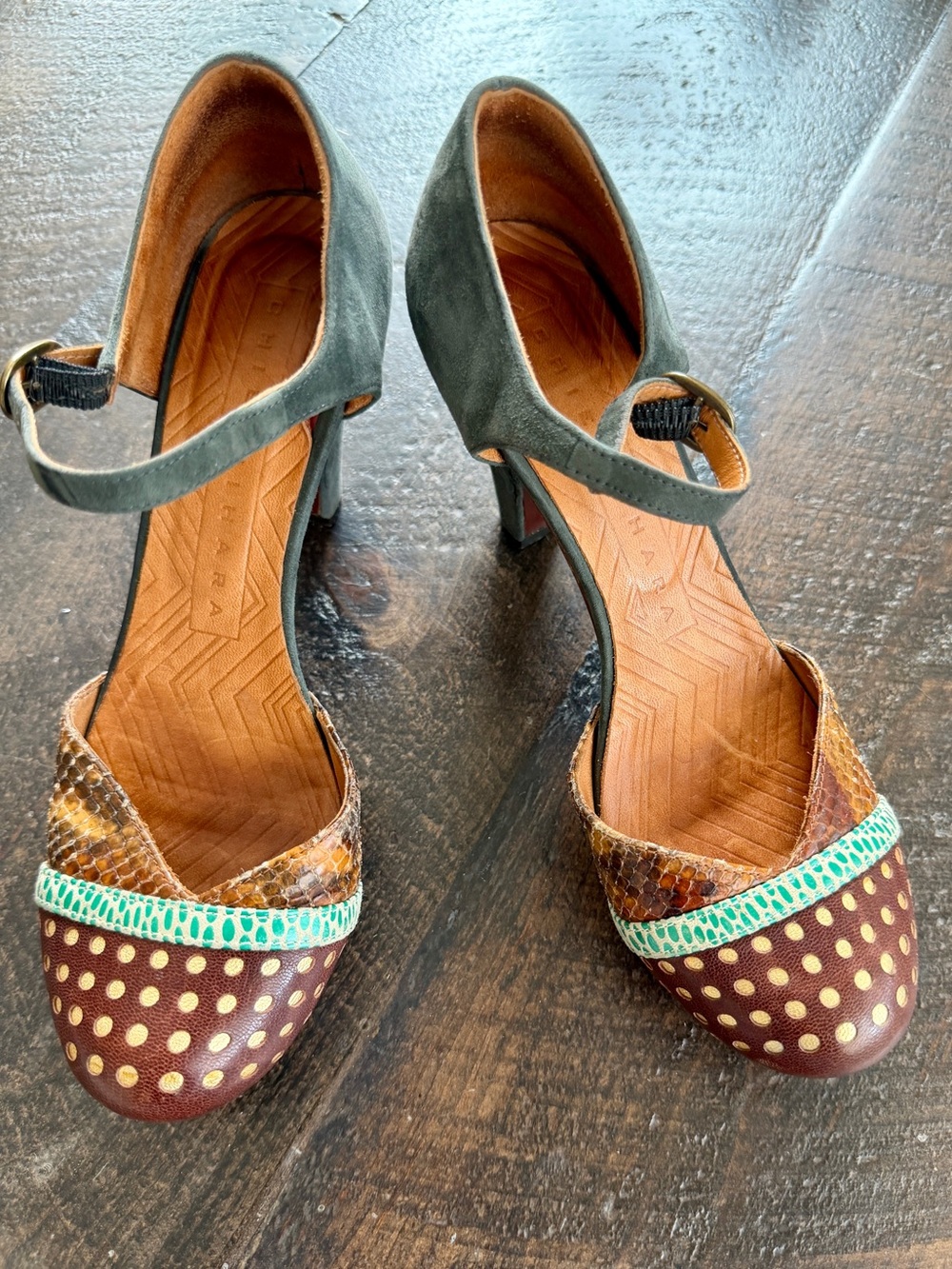 Chie Mihara Ankle Strap Platform Heels in Brown, Grey and Green